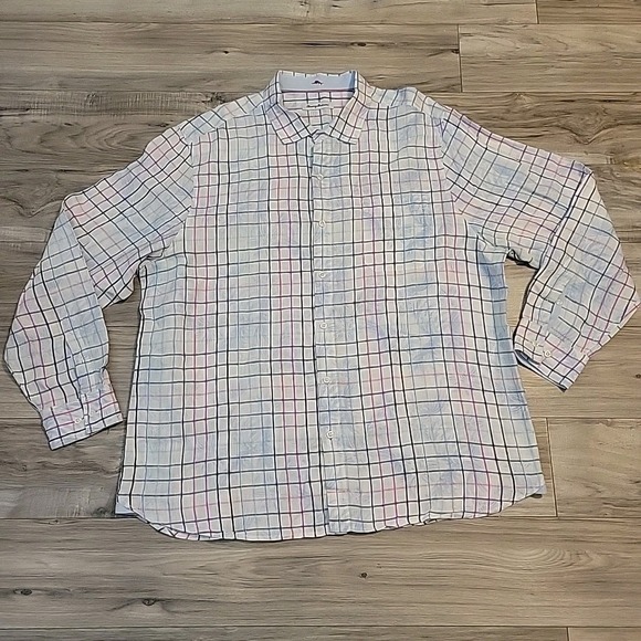 Tommy Bahama Linen Shirt Mens 2XL Hawaiian Plaid Floral AOP Multicolor - Picture 3 of 10
